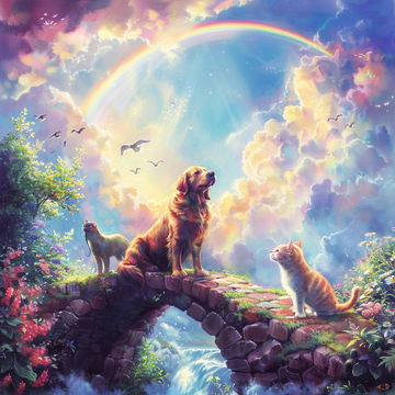 Dog and cats on a rainbow bridge in a heavenly garden, symbolizing pet loss and the bond between pets and their owners