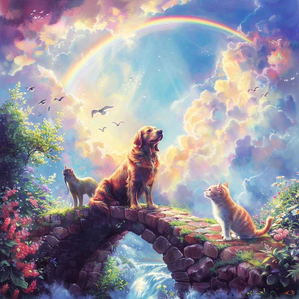 Dog and cats on a rainbow bridge in a heavenly garden, symbolizing pet loss and the bond between pets and their owners